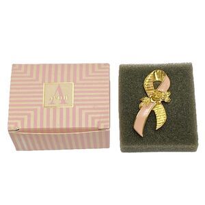 Vtg. 1993 AVON Breast Cancer Brooch Pin Pink Enamel Ribbon Gold Tone Rose w/ Box